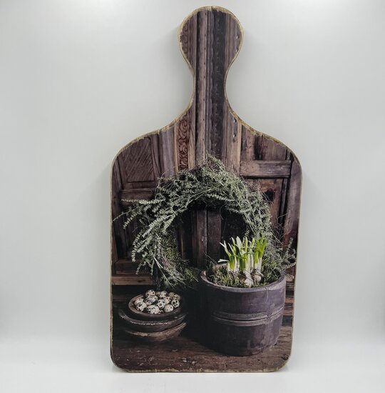 Decoratie broodplank met print krans bloempot &amp; kwarteleitjes 65 cm x 33,8 cm touw maat XL | Stoer &amp; Sober | 429420 | Home Sweet Home