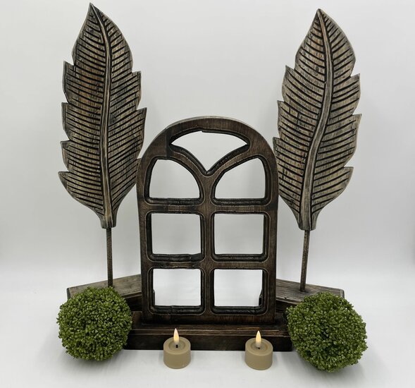 Ornament hout blad veer op voet vintage bruin zwart 46,5 x 13 cm | 873897 | Home Sweet Home | Stoer &amp; Sober Landelijke Woonstijl