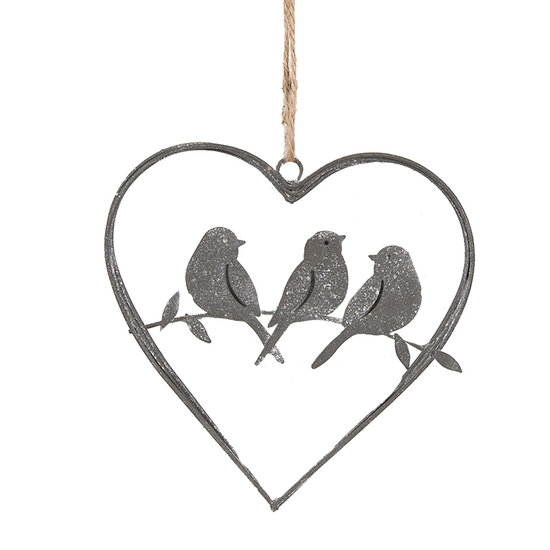Clayre &amp; Eef | Hanger hart met vogels Grijs 14x13 cm | 6Y5559