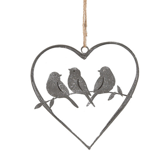 Clayre &amp; Eef | Hanger hart met vogels Grijs 14x13 cm | 6Y5559