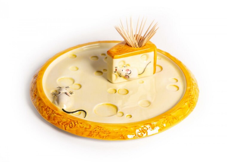 Kaasbordje met muis aardewerk 24 cm geel grijs | KA019 | Piccobella Italiaans Servies