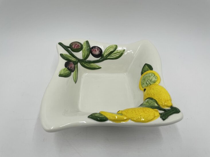 Vierkant schaaltje citroen &amp; olijf 14 x 14 cm wit geel groen aardewerk | ARC04 | Piccobella Italiaans Servies