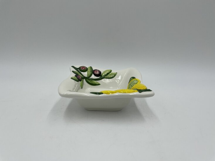 Vierkant schaaltje citroen &amp; olijf 14 x 14 cm wit geel groen aardewerk | ARC04 | Piccobella Italiaans Servies