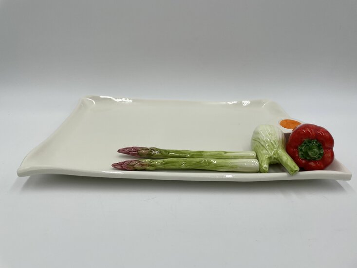 Rechthoekige aspergeschaal wit met deco venkel ei paprika 35 x 24 cm | AS04| Piccobella Italiaans Servies