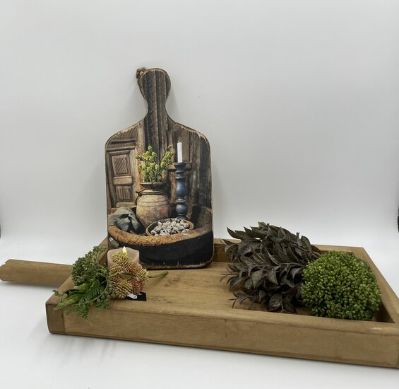 Decoratie broodplank met print Nepalese pot kandelaar &amp; kwarteleitjes 35,5 cm x 18,5 cm touw maat M | Stoer &amp; Sober | 161175 | Home Sweet Home