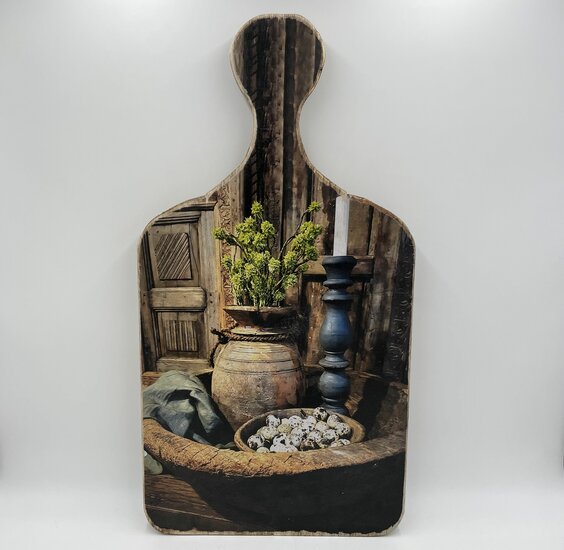 Decoratie broodplank met print Nepalese pot kandelaar &amp; kwarteleitjes 64,5 cm x 34  cm touw maat XL | Stoer &amp; Sober | 128197 | Home Sweet Home
