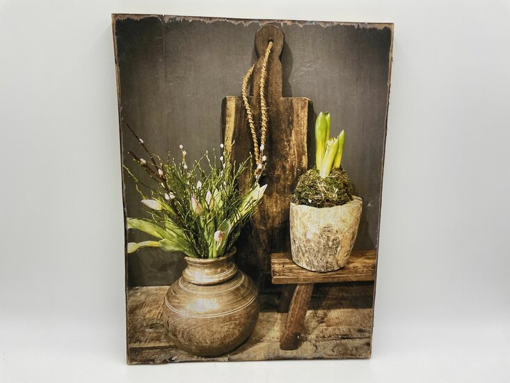 Decoratie wandbord met print Nepalese pot bloempot &amp; krukje 40 cm x 30 cm touw | Stoer &amp; Sober | 358305 | Home Sweet Home