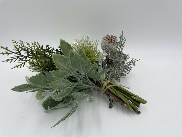 Kunstbloem boeket winters roos dennenappel groen wit sneeuw 28 cm | 50022 | Stoer &amp; Sober Woonstijl