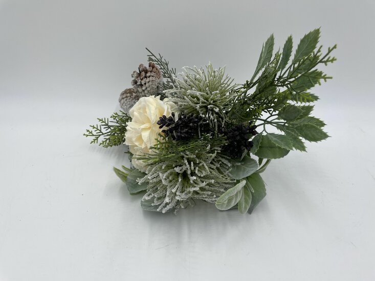 Kunstbloem boeket winters roos dennenappel groen wit sneeuw 28 cm | 50022 | Stoer &amp; Sober Woonstijl