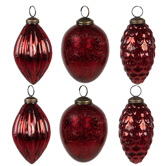 Clayre &amp; Eef | Kerstballen Set van 6 Rood 24x23x9 cm / &oslash; 5x10 cm | 6GL4507