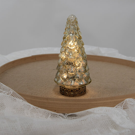 Clayre &amp; Eef | Kerstdecoratie Beeld Kerstboom met LED Goudkleurig &oslash; 8x16 cm | 6GL4560