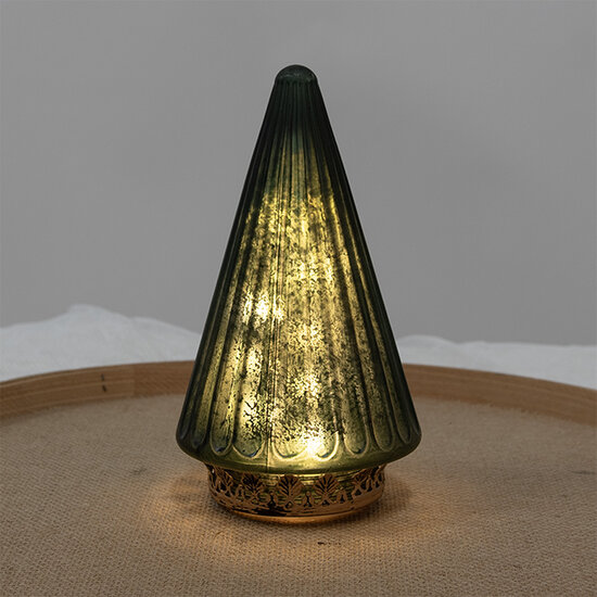 Clayre &amp; Eef | Kerstdecoratie Beeld Kerstboom met LED Groen &oslash; 11x19 cm | 6GL4576