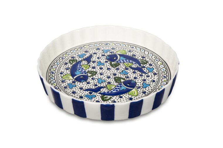 Quicheschaal taartvorm Poisson serveerschaal handgemaakt &Oslash; 24 rond blauw wit vissen | QU.PO.30 | Dishes &amp; Deco