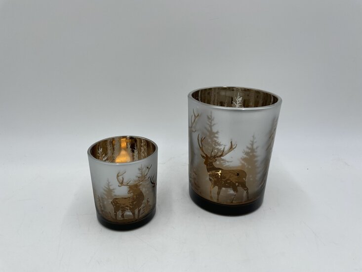 Set van 2 Waxinelichtjes klein groot kerst rendier bos  theelichthouder windlicht glas 12x9/7,5x6 cm rond koper | HSH574523 | Stoer &amp; Sober Woonstijl