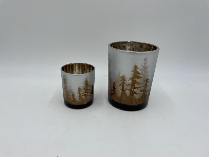 Set van 2 Waxinelichtjes klein groot kerst rendier bos  theelichthouder windlicht glas 12x9/7,5x6 cm rond koper | HSH574523 | Stoer &amp; Sober Woonstijl