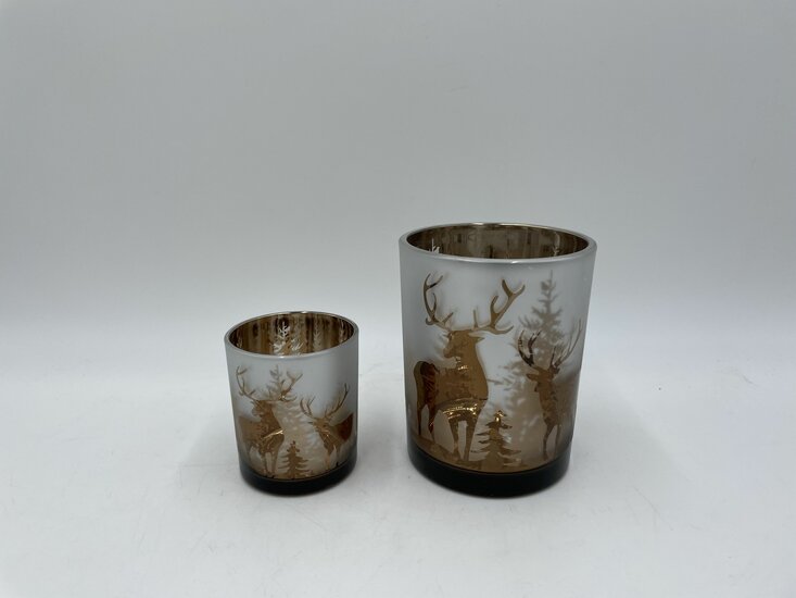 Set van 2 Waxinelichtjes klein groot kerst rendier bos  theelichthouder windlicht glas 12x9/7,5x6 cm rond koper | HSH574523 | Stoer &amp; Sober Woonstijl