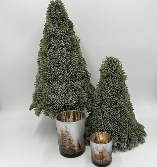 Set van 2 Waxinelichtjes klein groot kerst rendier bos  theelichthouder windlicht glas 12x9/7,5x6 cm rond koper | HSH574523 | Stoer &amp; Sober Woonstijl