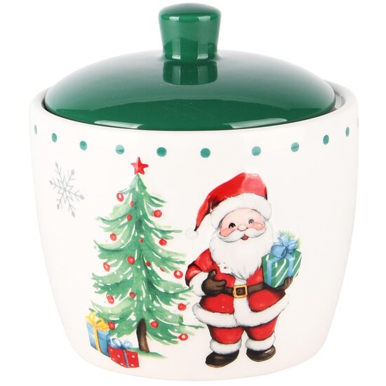 Dekoratief | Bewaarpot m/santa, dolomiet, wit/groen, 12x12x13cm | A245038