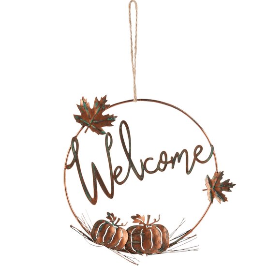 Dekoratief | Hanger m/pompoenen &#039;Welcome&#039;, roest, metaal, 17x1x17cm | A245220