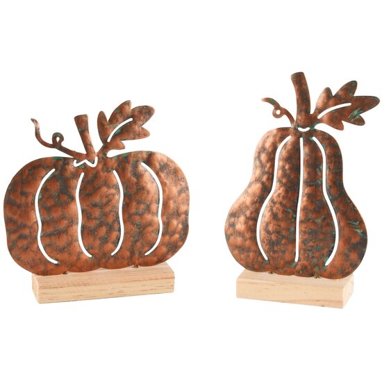 Dekoratief | Pompoen op voet, roest, metaal/hout, 10x4x16cm, set van 2 stuks | A245221