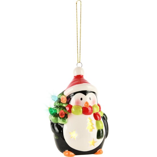 Dekoratief | Hanger pingu?n, zwart/wit, LED, keramiek, 7x7x11cm | A245234