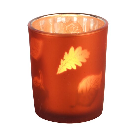 Dekoratief | Theelichthouder &#039;Autumn Leaves&#039;, oranje, glas, 6x6x7cm | A245328