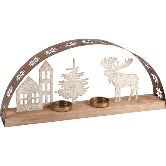 Dekoratief | Theelichthouder boog m/rendier/huizen, metaal/hout, 40x6x17cm | A245455