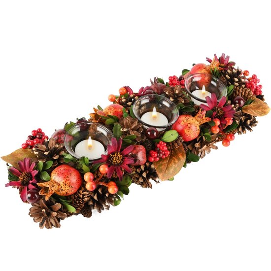 Dekoratief | Tafelstuk lang m/bloemen/besjes, rood/oranje, 41x15x9cm | A245508