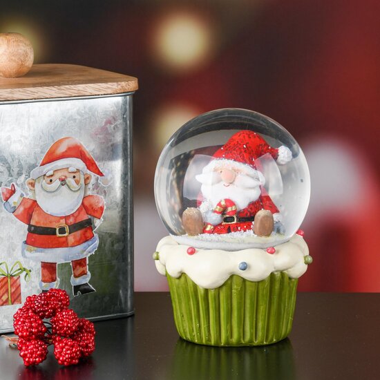 Dekoratief | Waterbol cupcake m/santa, groen/rood, resina/glas, 10x10x15cm | A245636