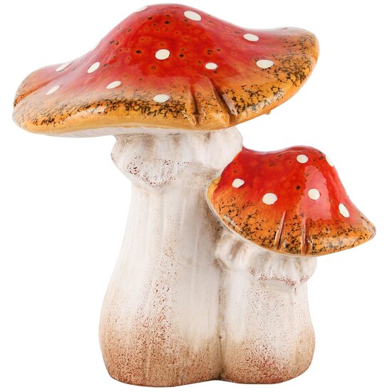 Dekoratief | Duo paddenstoelen m/stippen, oranje/wit, keramiek, 16x14x17cm | A245739