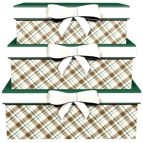 Dekoratief | Set 3 dozen rechthoek m/strik &#039;Nordic Check&#039;, 26x18x10cm | A245848