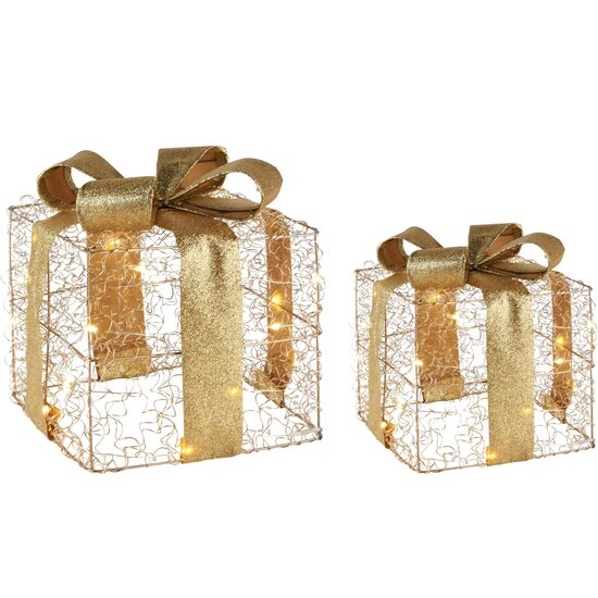 Dekoratief | Set 2 cadeautjes 'Wired', goud, LED, 20x20x23cm | A245861