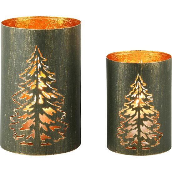 Dekoratief | Set 2 Waxinelichthouders &#039;Pine Tree&#039;, groen/goud, metaal, 13x13x20cm | A248127