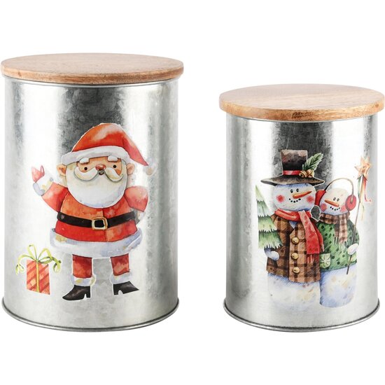 Dekoratief | Set 2 bewaarpotten &#039;Santa/Snowman&#039;, hout/metaal, 12x12x16cm | A248234