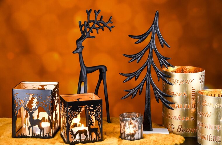 Dekoratief | Set 2 theelichtkubussen 'Loving Deer', zwart/goud, 11x11x16cm | A248314