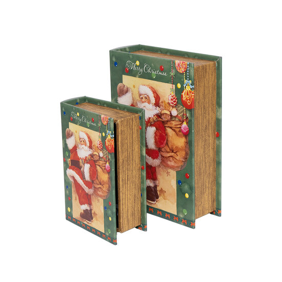 Dekoratief | Set 2 boekdozen &#039;Santa w/bag&#039;, groen, hout, 19x7x27cm | A249023