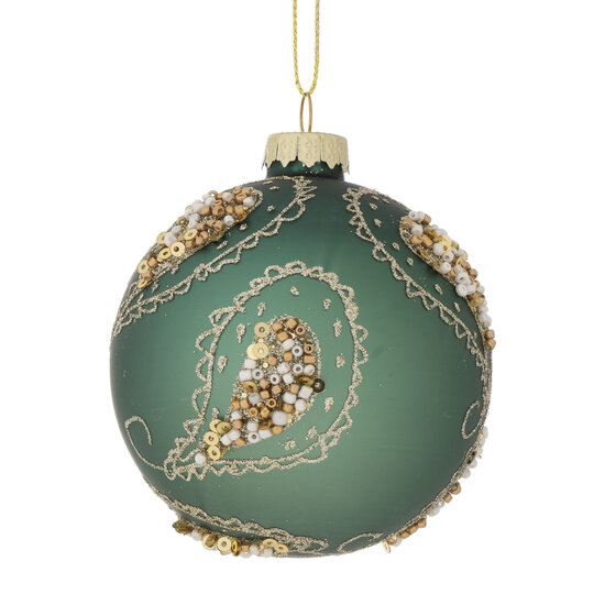 Dekoratief | Hanger kerstbal m/kraaltjes, groen/goud, glas, 8x8x8cm | A249064