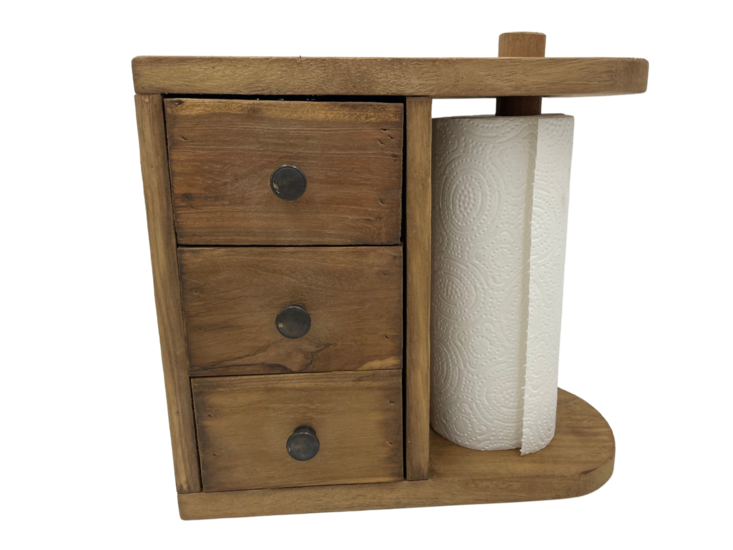 Keukenrolhouder hout bruin met 3 lades staand of ophang muur 28,5 x 30 cm | 546596 | Home Sweet Home | Stoer &amp; Sober Woonstijl