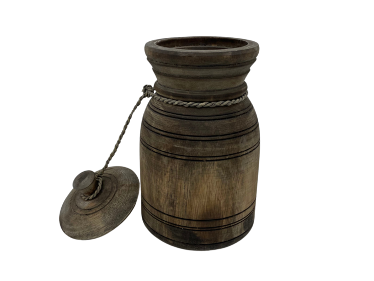 Nepalese kruik pot klein met deksel &amp; touw hout vintage bruin 26 x 14 cm | Stoer &amp; Sober | HSH11068 | Home Sweet Home