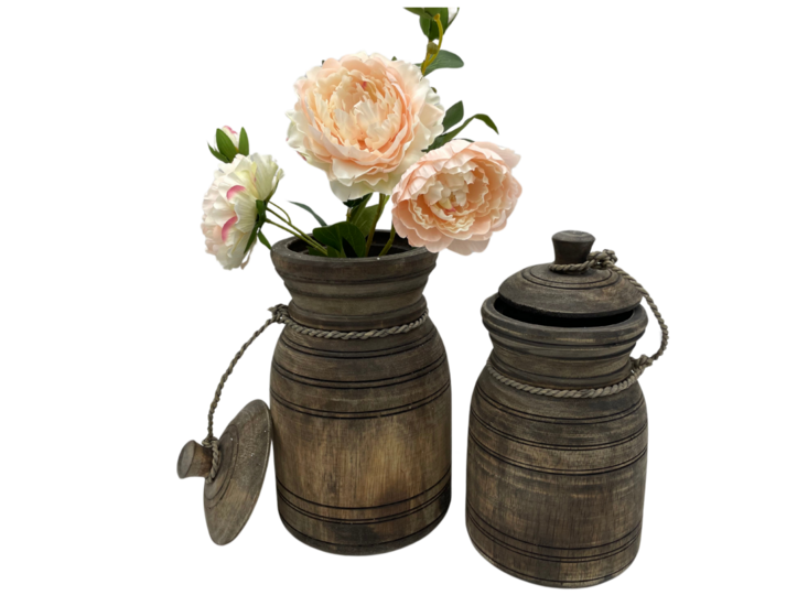 Nepalese kruik pot klein met deksel &amp; touw hout vintage bruin 26 x 14 cm | Stoer &amp; Sober | HSH11068 | Home Sweet Home