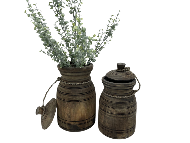 Nepalese kruik pot klein met deksel &amp; touw hout vintage bruin 26 x 14 cm | Stoer &amp; Sober | HSH11068 | Home Sweet Home