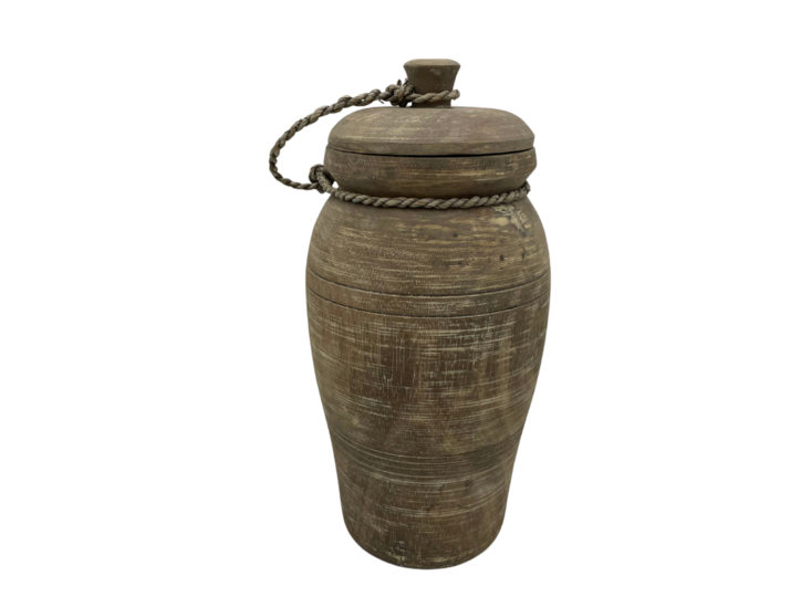 Nepalese kruik pot met deksel &amp; touw hout vintage bruin 36 x 18 cm | Stoer &amp; Sober | HSH757793 | Home Sweet Home