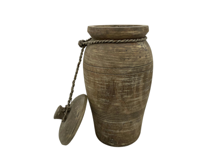 Nepalese kruik pot met deksel &amp; touw hout vintage bruin 36 x 18 cm | Stoer &amp; Sober | HSH757793 | Home Sweet Home