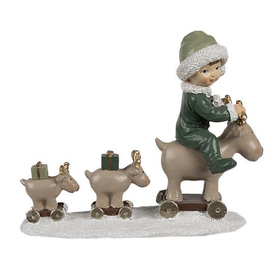 Clayre &amp; Eef | Kerstdecoratie kind op hert Beige groen 17x8x14 cm | 6PR4188