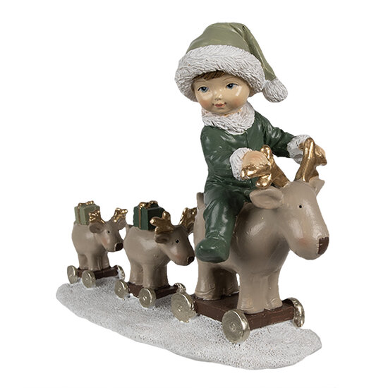 Clayre &amp; Eef | Kerstdecoratie kind op hert Beige groen 17x8x14 cm | 6PR4188