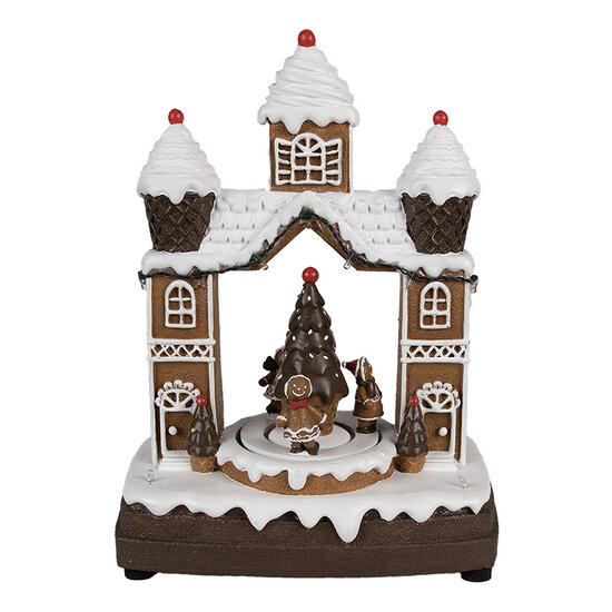 Clayre &amp; Eef | Muziekdoos Huisje/Kerstboom LED Bruin Wit 20x11x27 cm | 6PR4312