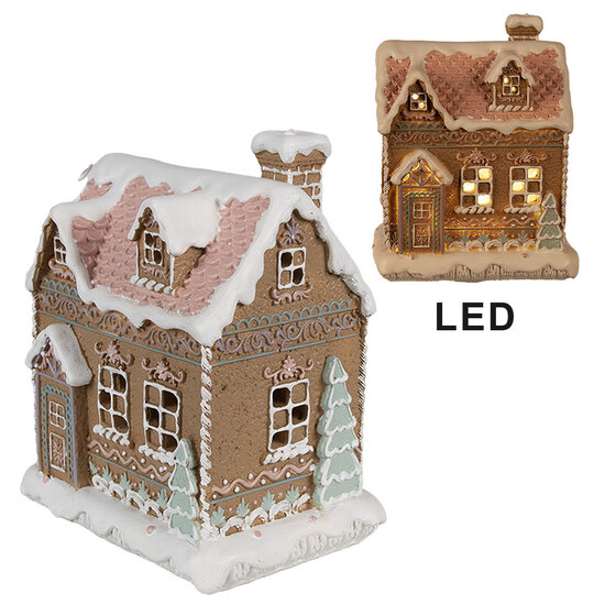 Clayre &amp; Eef | Decoratie Huis met LED Bruin Roze 13x10x16 cm / 3xAAA | 6PR4317