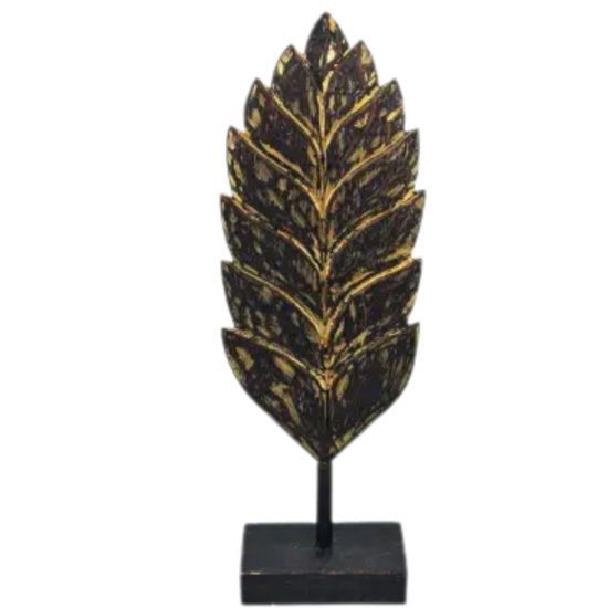 Blad/veer carving M op voet 46x16x9cm Zwart Goud hout| WA7985 | Woodart | Stoer &amp; Sober Woonstijl