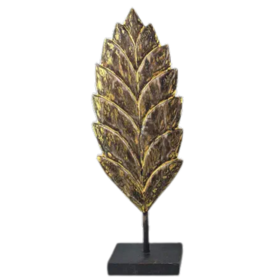 Blad/veer carving L op voet 54x19x9cm Zwart Goud hout| WA7984 | Woodart | Stoer &amp; Sober Woonstijl