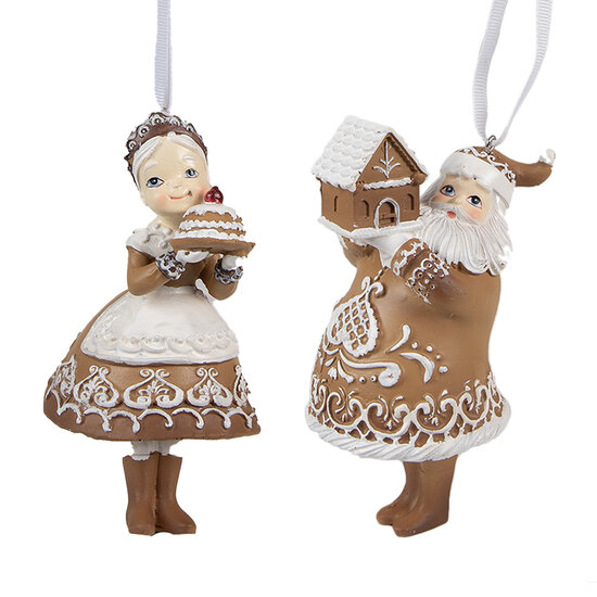 Clayre &amp; Eef | Hanger kerstman en kerstvrouw (set van 2) Bruin, Beige 9x7x13 cm / 8x6x13 cm | 6PR3902GG